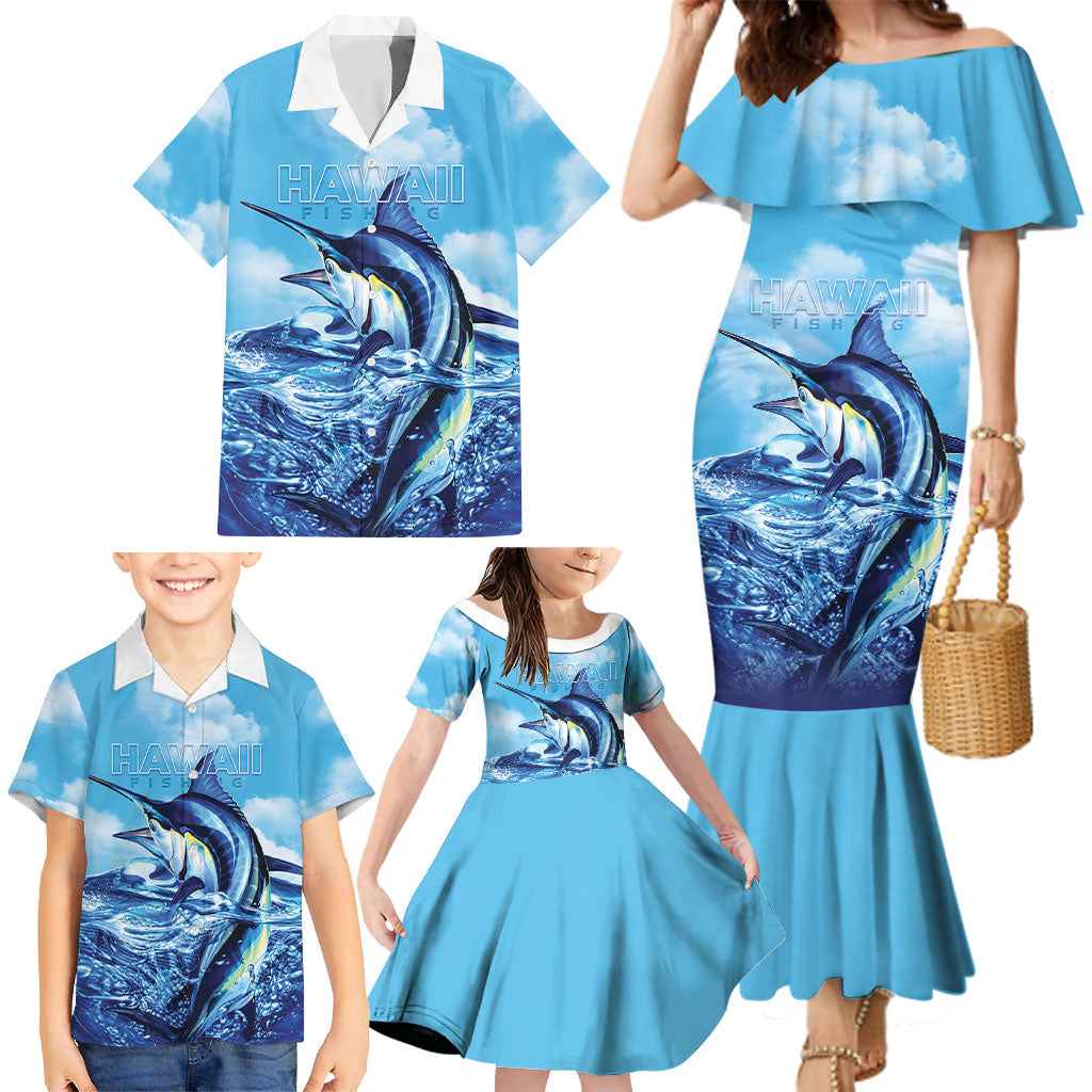 Hawaii Blue Marlin Fishing Family Matching Mermaid Dress and Hawaiian Shirt