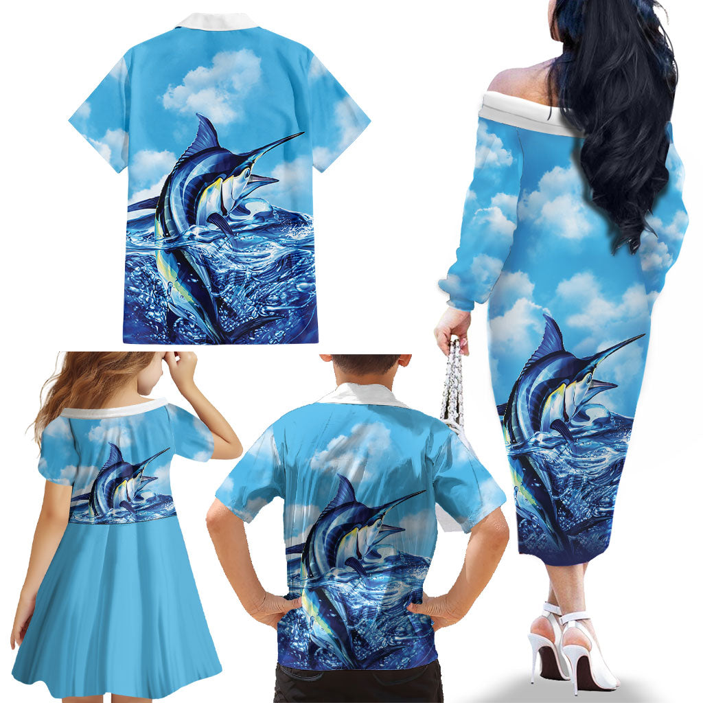 Hawaii Blue Marlin Fishing Family Matching Off The Shoulder Long Sleeve Dress and Hawaiian Shirt