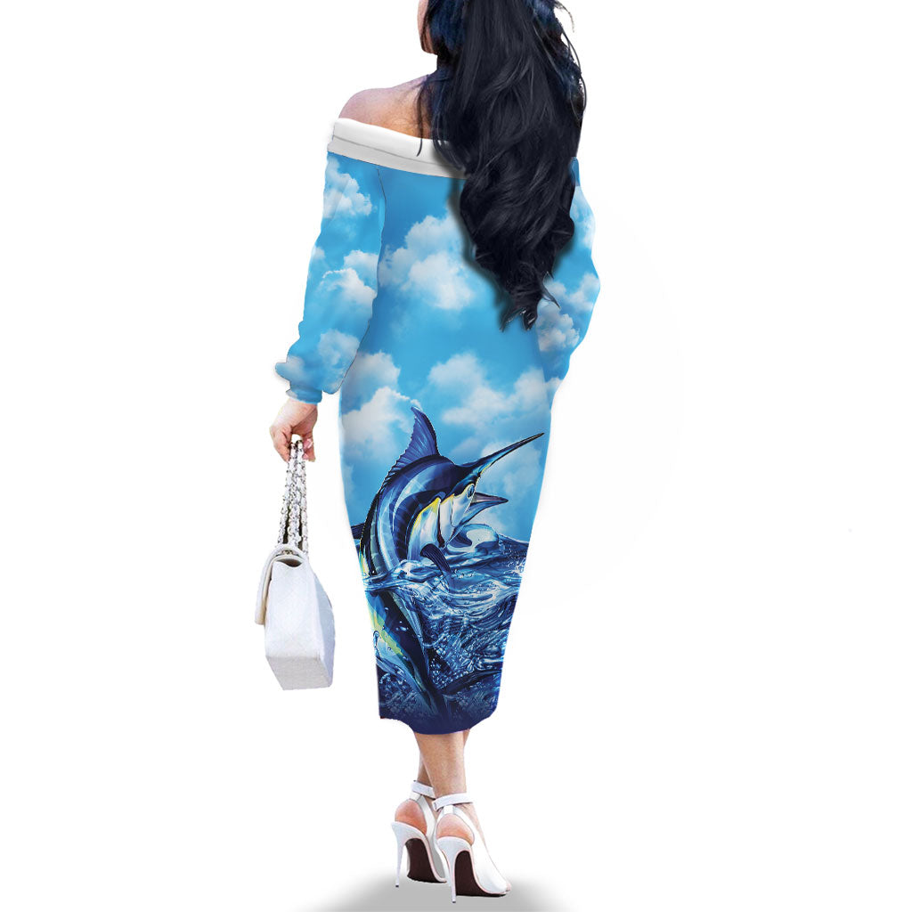 Hawaii Blue Marlin Fishing Family Matching Off The Shoulder Long Sleeve Dress and Hawaiian Shirt