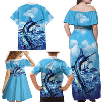 Hawaii Blue Marlin Fishing Family Matching Off Shoulder Maxi Dress and Hawaiian Shirt