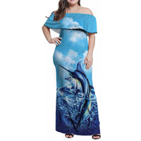 Hawaii Blue Marlin Fishing Family Matching Off Shoulder Maxi Dress and Hawaiian Shirt