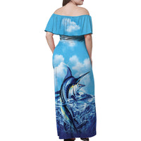 Hawaii Blue Marlin Fishing Family Matching Off Shoulder Maxi Dress and Hawaiian Shirt