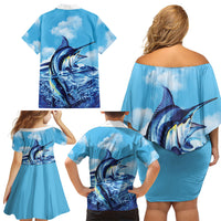Hawaii Blue Marlin Fishing Family Matching Off Shoulder Short Dress and Hawaiian Shirt
