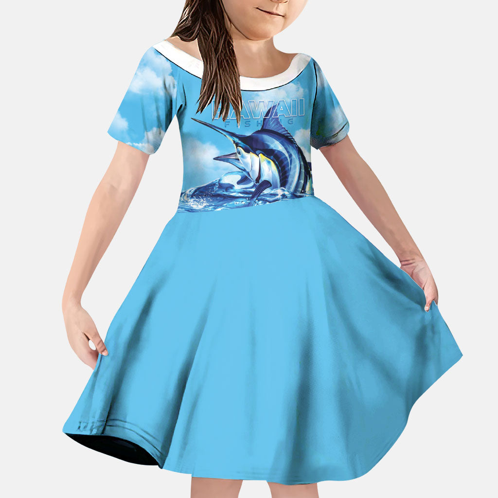 Hawaii Blue Marlin Fishing Family Matching Puletasi and Hawaiian Shirt LT05 Daughter's Dress Blue - Polynesian Pride