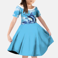 Hawaii Blue Marlin Fishing Family Matching Puletasi and Hawaiian Shirt LT05 Daughter's Dress Blue - Polynesian Pride