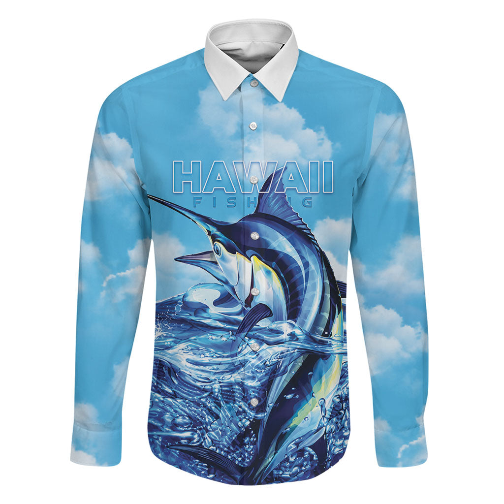 Hawaii Blue Marlin Fishing Family Matching Puletasi and Hawaiian Shirt LT05 Dad's Shirt - Long Sleeve Blue - Polynesian Pride