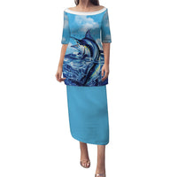 Hawaii Blue Marlin Fishing Family Matching Puletasi and Hawaiian Shirt LT05 Mom's Dress Blue - Polynesian Pride