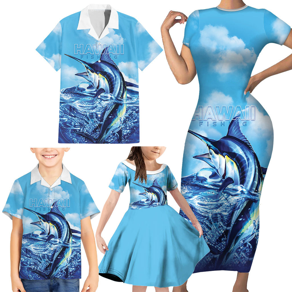Hawaii Blue Marlin Fishing Family Matching Short Sleeve Bodycon Dress and Hawaiian Shirt