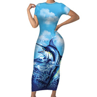 Hawaii Blue Marlin Fishing Family Matching Short Sleeve Bodycon Dress and Hawaiian Shirt