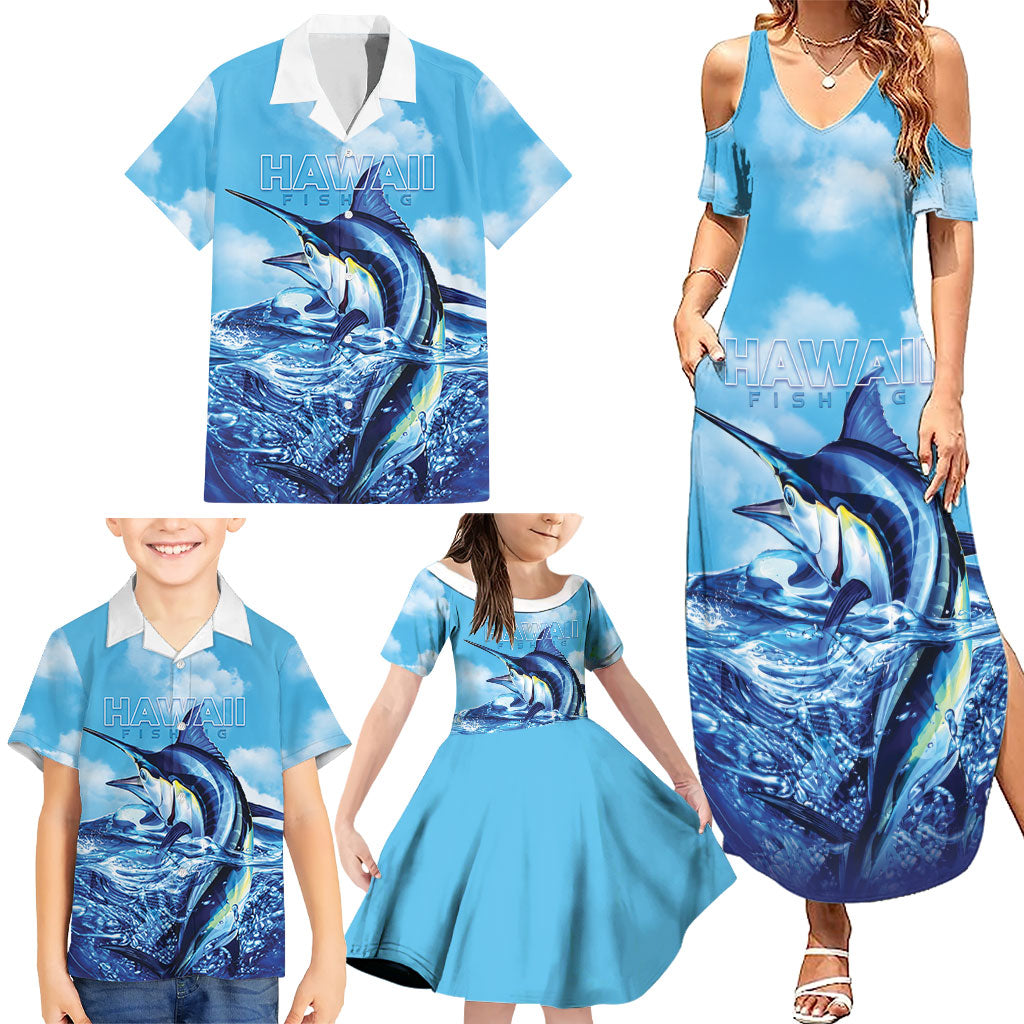Hawaii Blue Marlin Fishing Family Matching Summer Maxi Dress and Hawaiian Shirt