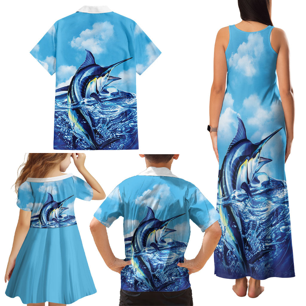 Hawaii Blue Marlin Fishing Family Matching Tank Maxi Dress and Hawaiian Shirt