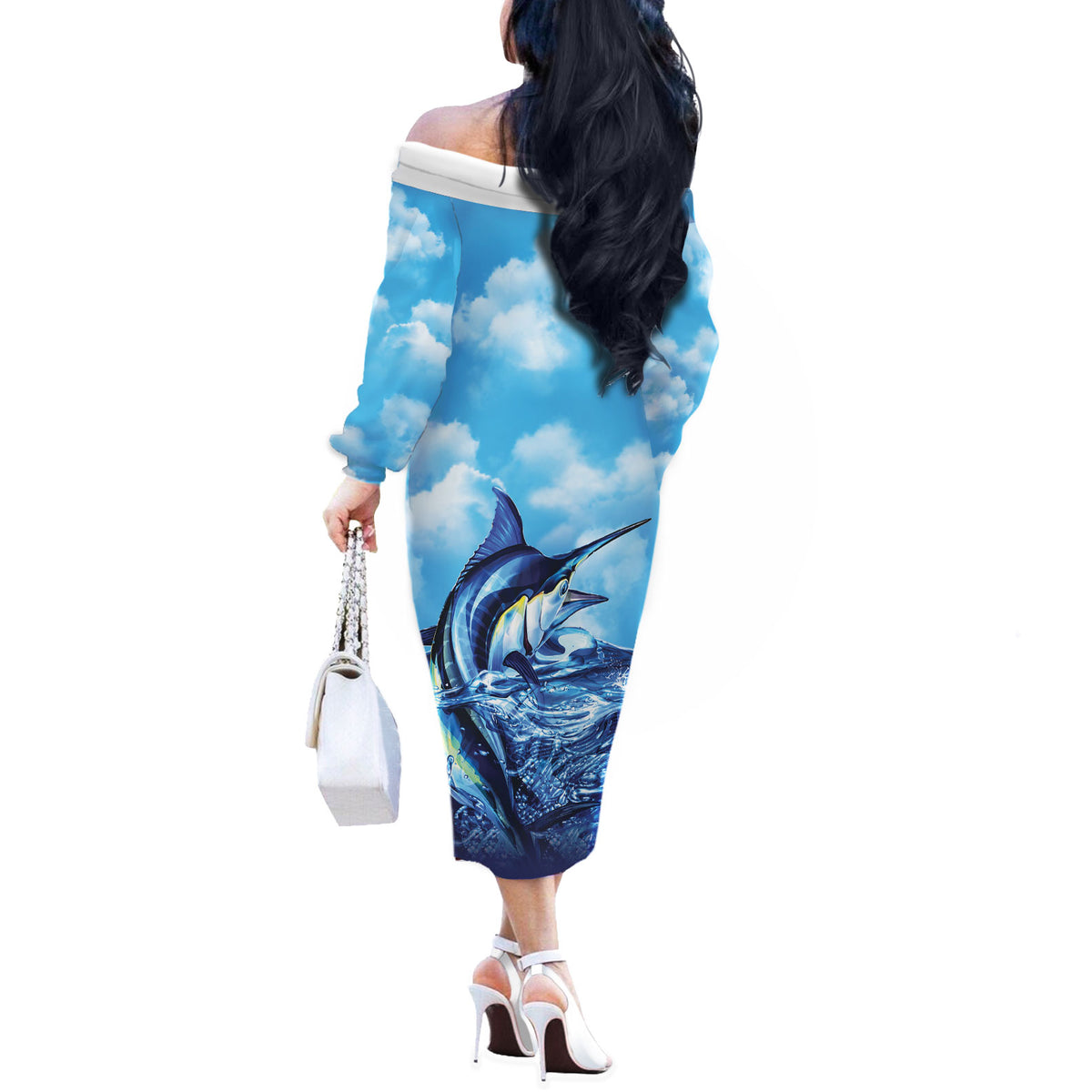 Hawaii Blue Marlin Fishing Off The Shoulder Long Sleeve Dress LT05 - Polynesian Pride