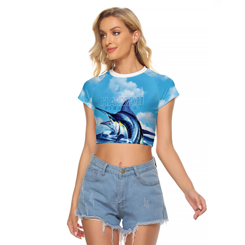 Hawaii Blue Marlin Fishing Raglan Cropped T Shirt