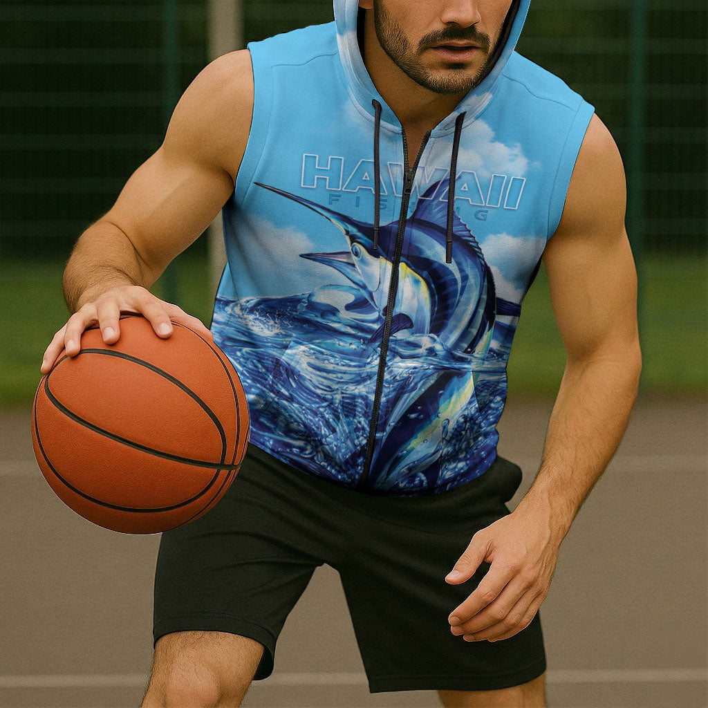 Hawaii Blue Marlin Fishing Sleeveless Zip Hoodie
