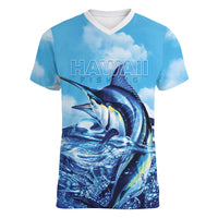 Hawaii Blue Marlin Fishing Women V-Neck T-Shirt LT05 Female Blue - Polynesian Pride