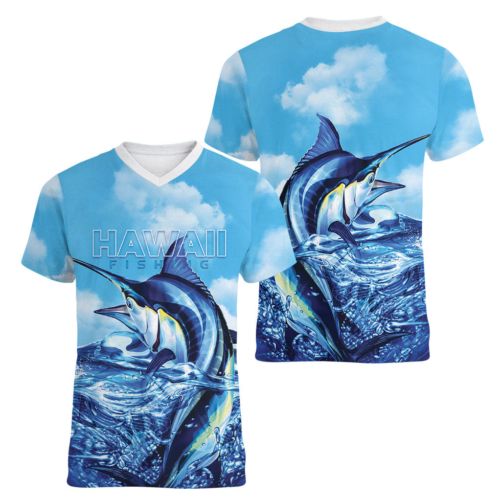 Hawaii Blue Marlin Fishing Women V-Neck T-Shirt LT05 - Polynesian Pride