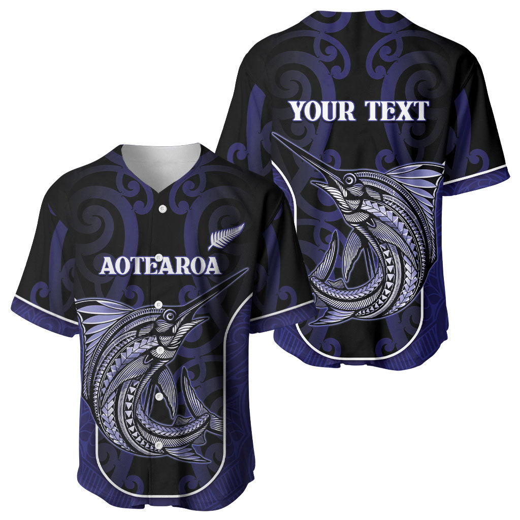 Personalised New Zealand Aotearoa Baseball Jersey Blue Marlin Fishing Maori Pattern