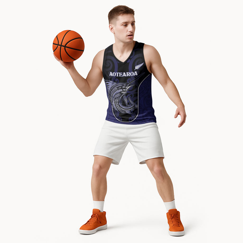 Personalised New Zealand Aotearoa Basketball Jersey Blue Marlin Fishing Maori Pattern