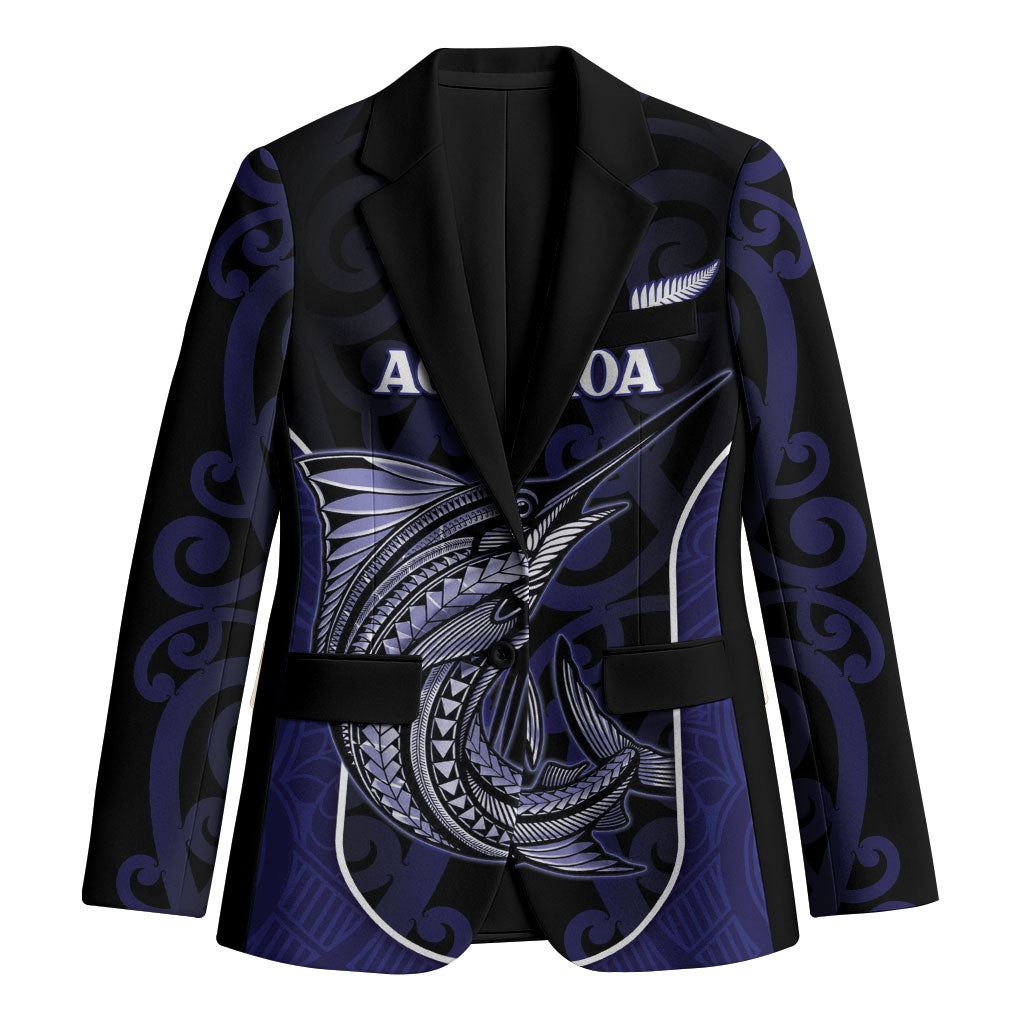 Personalised New Zealand Aotearoa Blazer Blue Marlin Fishing Maori Pattern LT05 Unisex Black - Polynesian Pride