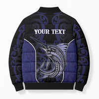 Personalised New Zealand Aotearoa Bomber Puffer Jacket Blue Marlin Fishing Maori Pattern