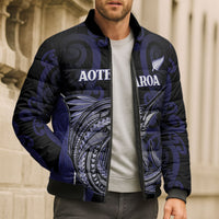 Personalised New Zealand Aotearoa Bomber Puffer Jacket Blue Marlin Fishing Maori Pattern