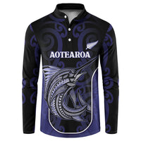 Personalised New Zealand Aotearoa Button Sweatshirt Blue Marlin Fishing Maori Pattern LT05 Black - Polynesian Pride