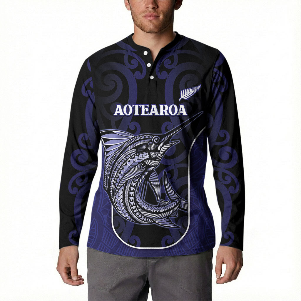 Personalised New Zealand Aotearoa Button Sweatshirt Blue Marlin Fishing Maori Pattern LT05 - Polynesian Pride