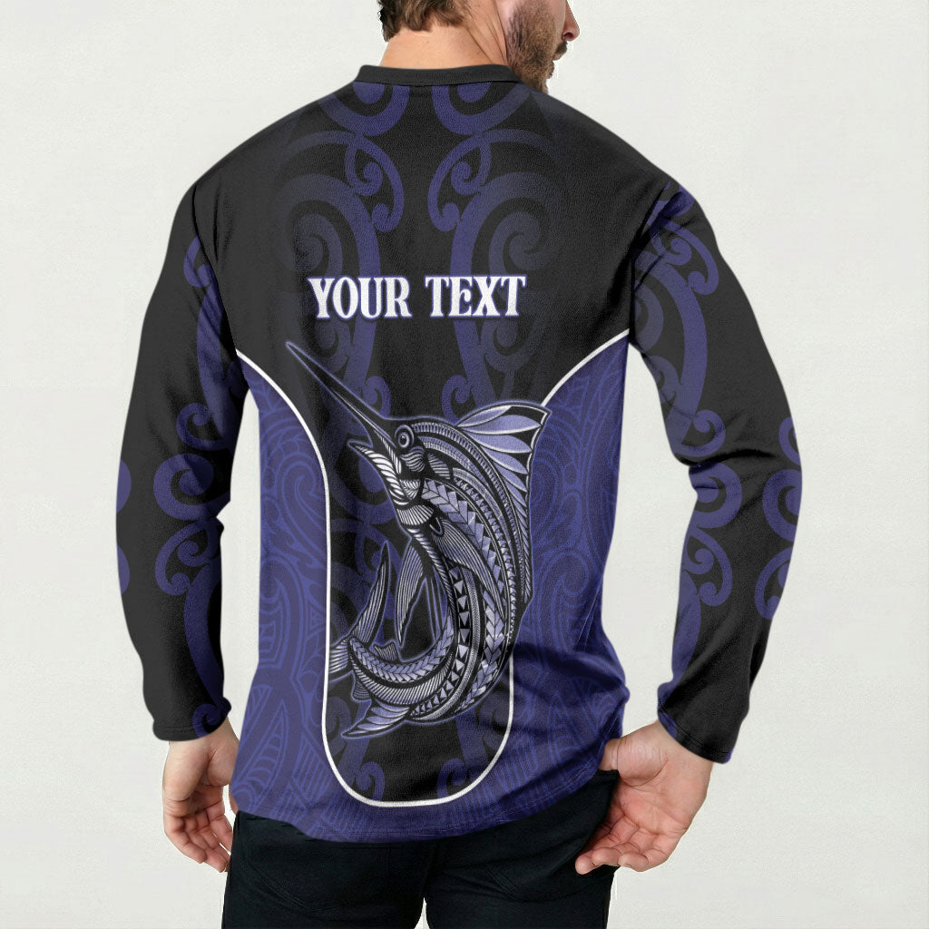 Personalised New Zealand Aotearoa Button Sweatshirt Blue Marlin Fishing Maori Pattern LT05 - Polynesian Pride