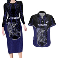 Personalised New Zealand Aotearoa Couples Matching Long Sleeve Bodycon Dress and Hawaiian Shirt Blue Marlin Fishing Maori Pattern