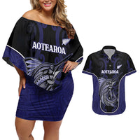 Personalised New Zealand Aotearoa Couples Matching Off Shoulder Short Dress and Hawaiian Shirt Blue Marlin Fishing Maori Pattern