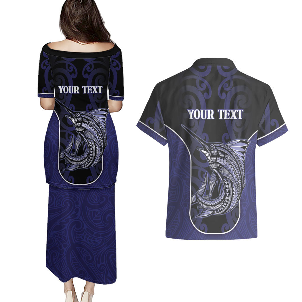 Personalised New Zealand Aotearoa Couples Matching Puletasi and Hawaiian Shirt Blue Marlin Fishing Maori Pattern