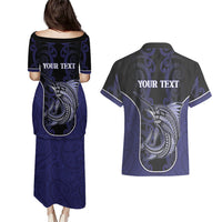 Personalised New Zealand Aotearoa Couples Matching Puletasi and Hawaiian Shirt Blue Marlin Fishing Maori Pattern