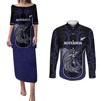 Personalised New Zealand Aotearoa Couples Matching Puletasi and Long Sleeve Button Shirt Blue Marlin Fishing Maori Pattern