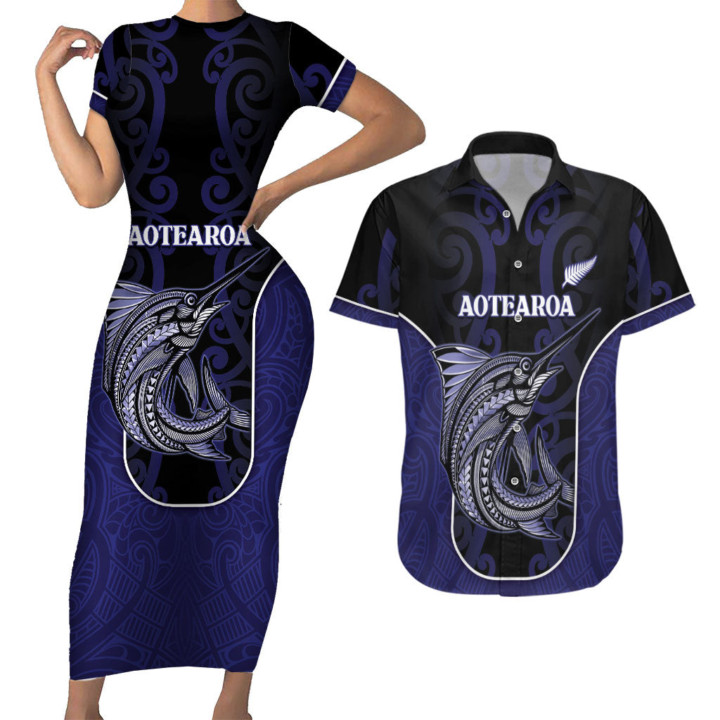 Personalised New Zealand Aotearoa Couples Matching Short Sleeve Bodycon Dress and Hawaiian Shirt Blue Marlin Fishing Maori Pattern