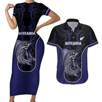 Personalised New Zealand Aotearoa Couples Matching Short Sleeve Bodycon Dress and Hawaiian Shirt Blue Marlin Fishing Maori Pattern