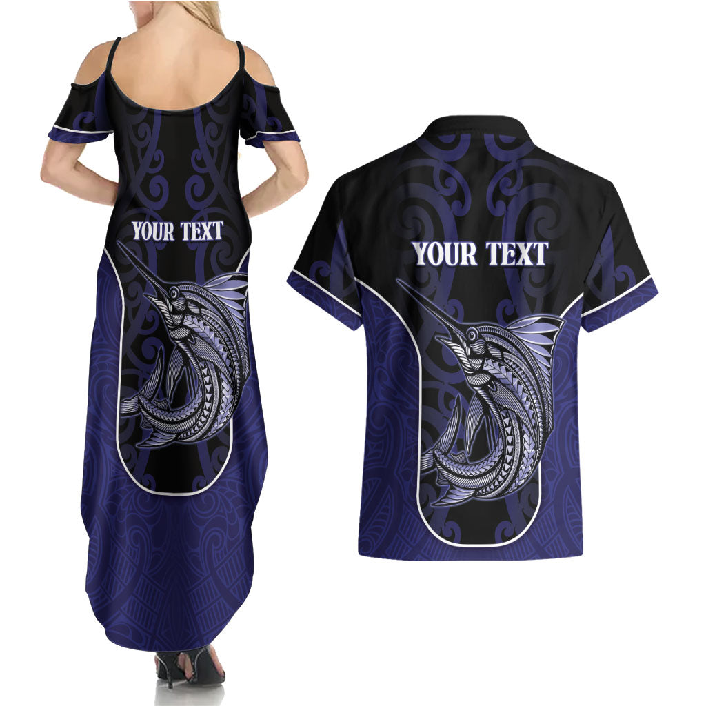 Personalised New Zealand Aotearoa Couples Matching Summer Maxi Dress and Hawaiian Shirt Blue Marlin Fishing Maori Pattern