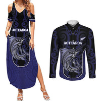 Personalised New Zealand Aotearoa Couples Matching Summer Maxi Dress and Long Sleeve Button Shirt Blue Marlin Fishing Maori Pattern