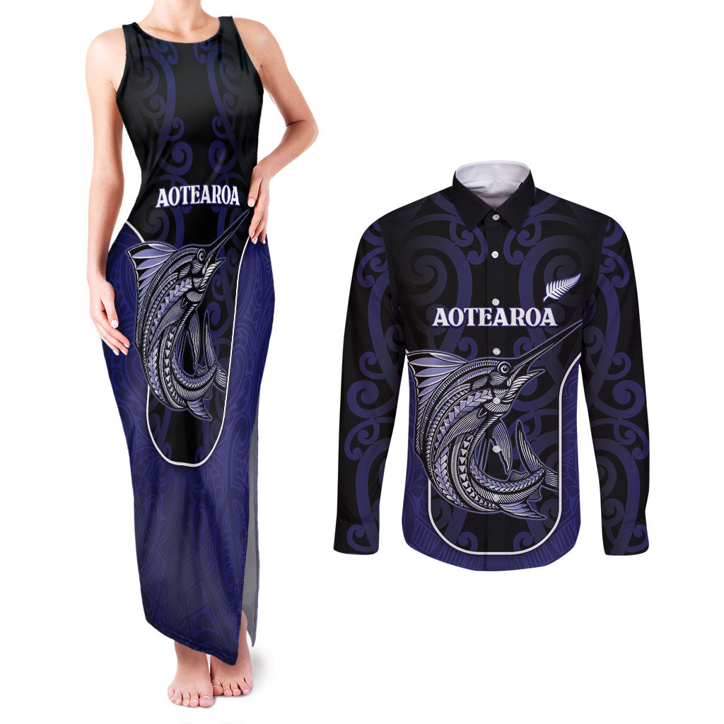 Personalised New Zealand Aotearoa Couples Matching Tank Maxi Dress and Long Sleeve Button Shirt Blue Marlin Fishing Maori Pattern