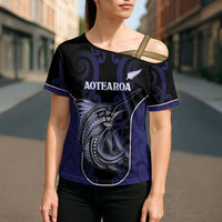 Personalised New Zealand Aotearoa Cross Shoulder Shirt Blue Marlin Fishing Maori Pattern