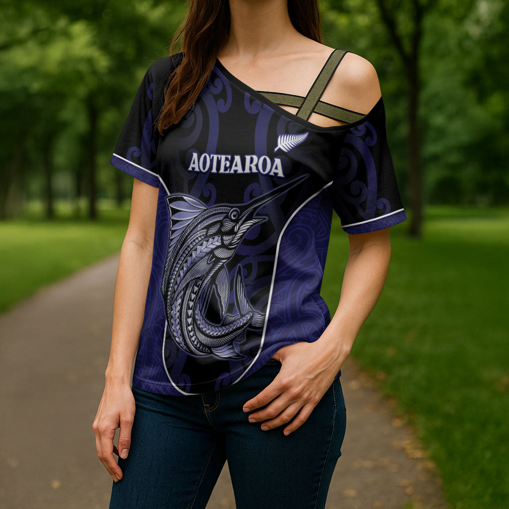 Personalised New Zealand Aotearoa Cross Shoulder Shirt Blue Marlin Fishing Maori Pattern