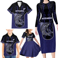 Personalised New Zealand Aotearoa Family Matching Long Sleeve Bodycon Dress and Hawaiian Shirt Blue Marlin Fishing Maori Pattern