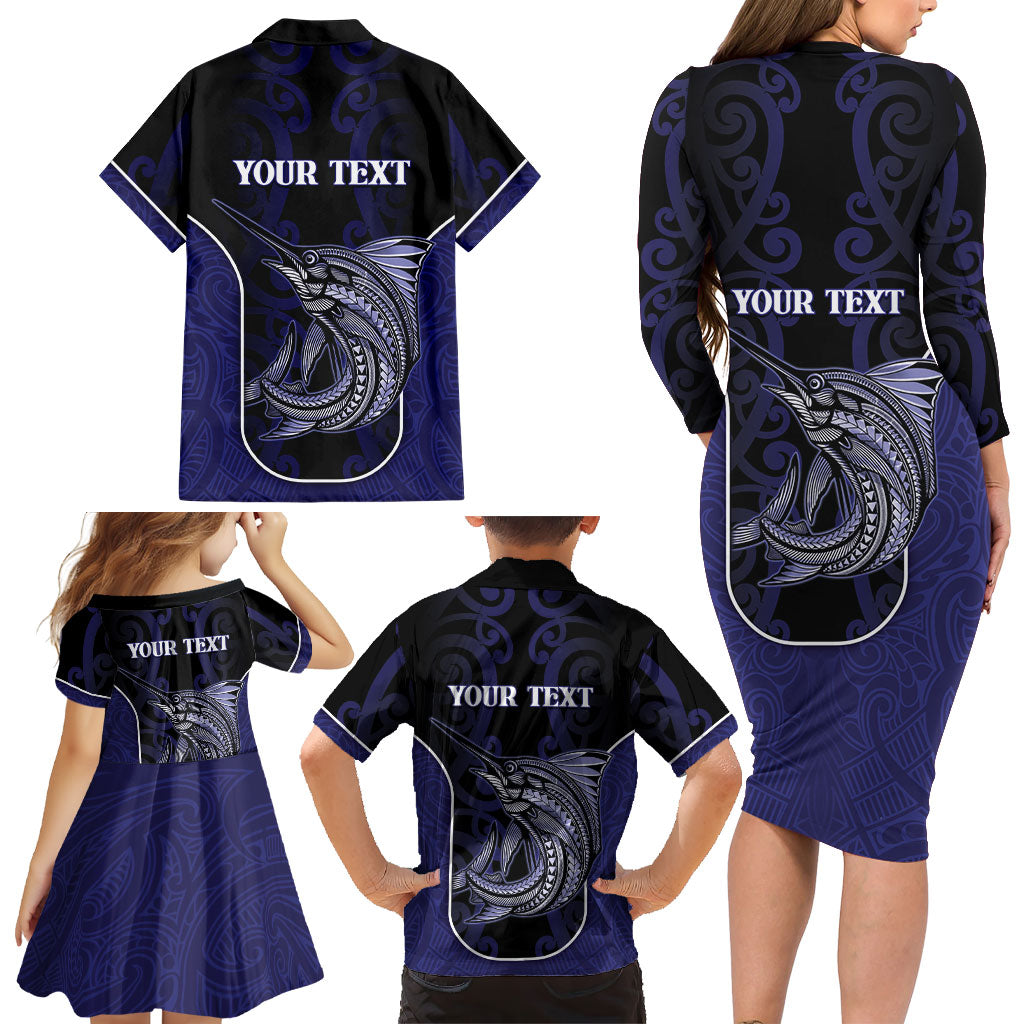 Personalised New Zealand Aotearoa Family Matching Long Sleeve Bodycon Dress and Hawaiian Shirt Blue Marlin Fishing Maori Pattern