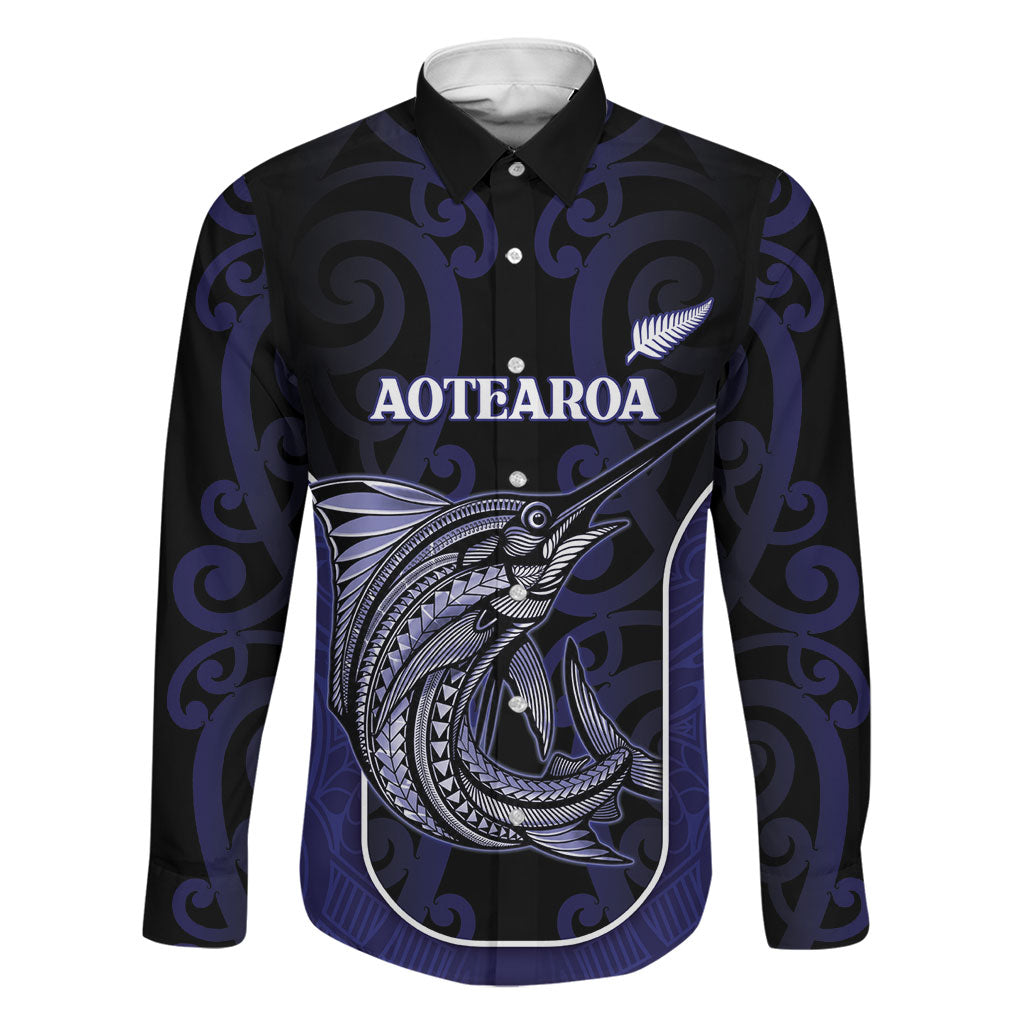 Personalised New Zealand Aotearoa Family Matching Long Sleeve Bodycon Dress and Hawaiian Shirt Blue Marlin Fishing Maori Pattern