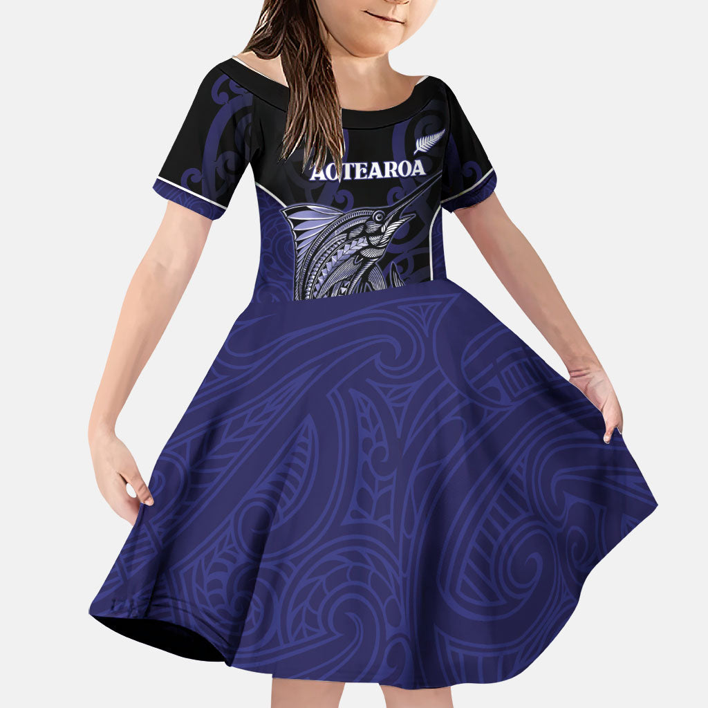 Personalised New Zealand Aotearoa Family Matching Mermaid Dress and Hawaiian Shirt Blue Marlin Fishing Maori Pattern