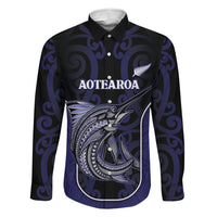 Personalised New Zealand Aotearoa Family Matching Off The Shoulder Long Sleeve Dress and Hawaiian Shirt Blue Marlin Fishing Maori Pattern