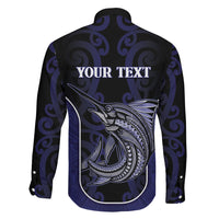 Personalised New Zealand Aotearoa Family Matching Off The Shoulder Long Sleeve Dress and Hawaiian Shirt Blue Marlin Fishing Maori Pattern