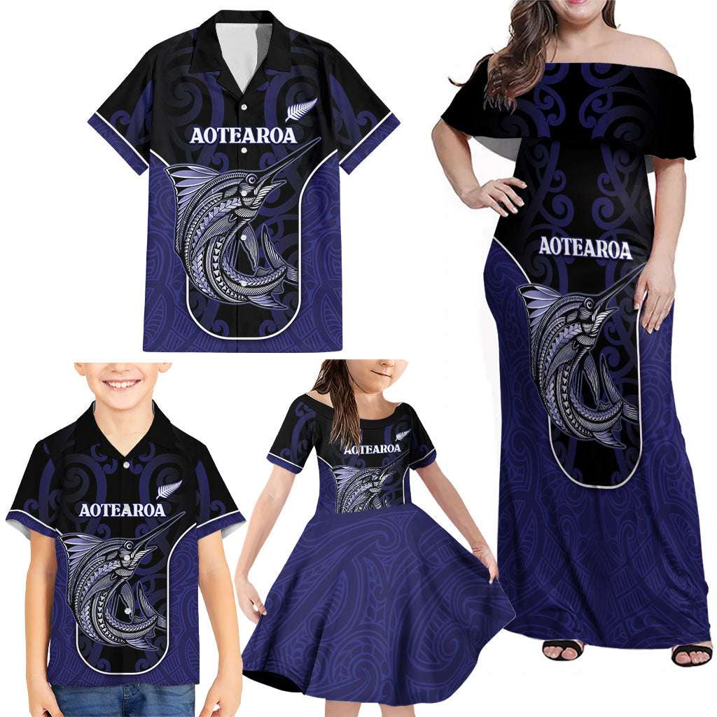 Personalised New Zealand Aotearoa Family Matching Off Shoulder Maxi Dress and Hawaiian Shirt Blue Marlin Fishing Maori Pattern