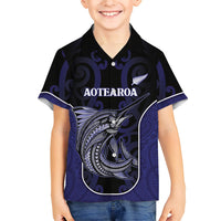 Personalised New Zealand Aotearoa Family Matching Off Shoulder Maxi Dress and Hawaiian Shirt Blue Marlin Fishing Maori Pattern