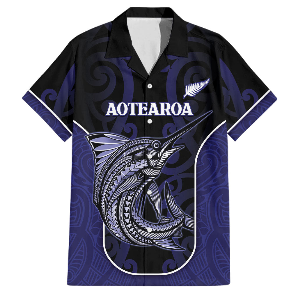 Personalised New Zealand Aotearoa Family Matching Puletasi and Hawaiian Shirt Blue Marlin Fishing Maori Pattern