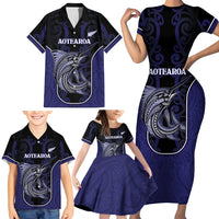 Personalised New Zealand Aotearoa Family Matching Short Sleeve Bodycon Dress and Hawaiian Shirt Blue Marlin Fishing Maori Pattern
